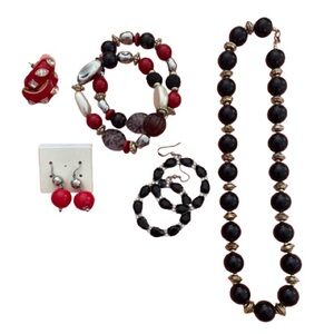 Elegant Red and Black Beaded Jewelry 3 Pairs of Earrings 1 Necklace 2 Bracelets